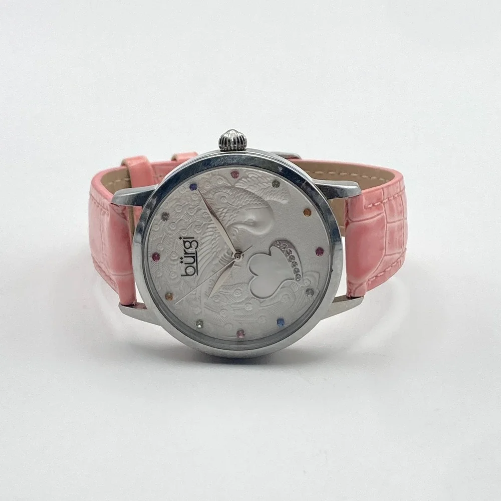 Burgi Women's Watch 36mm Silver Tone MOP Peacock Rainbow Crystals New Battery